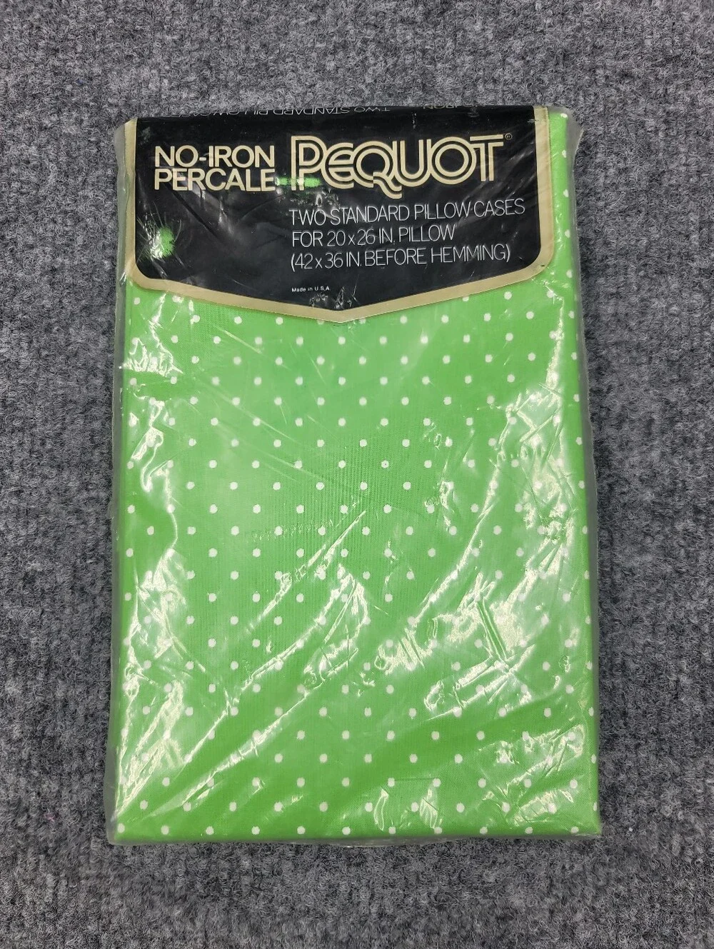 Vintage Pequot No Iron Percale Pillow Cases Green & White Polka-dot Sealed 20×26